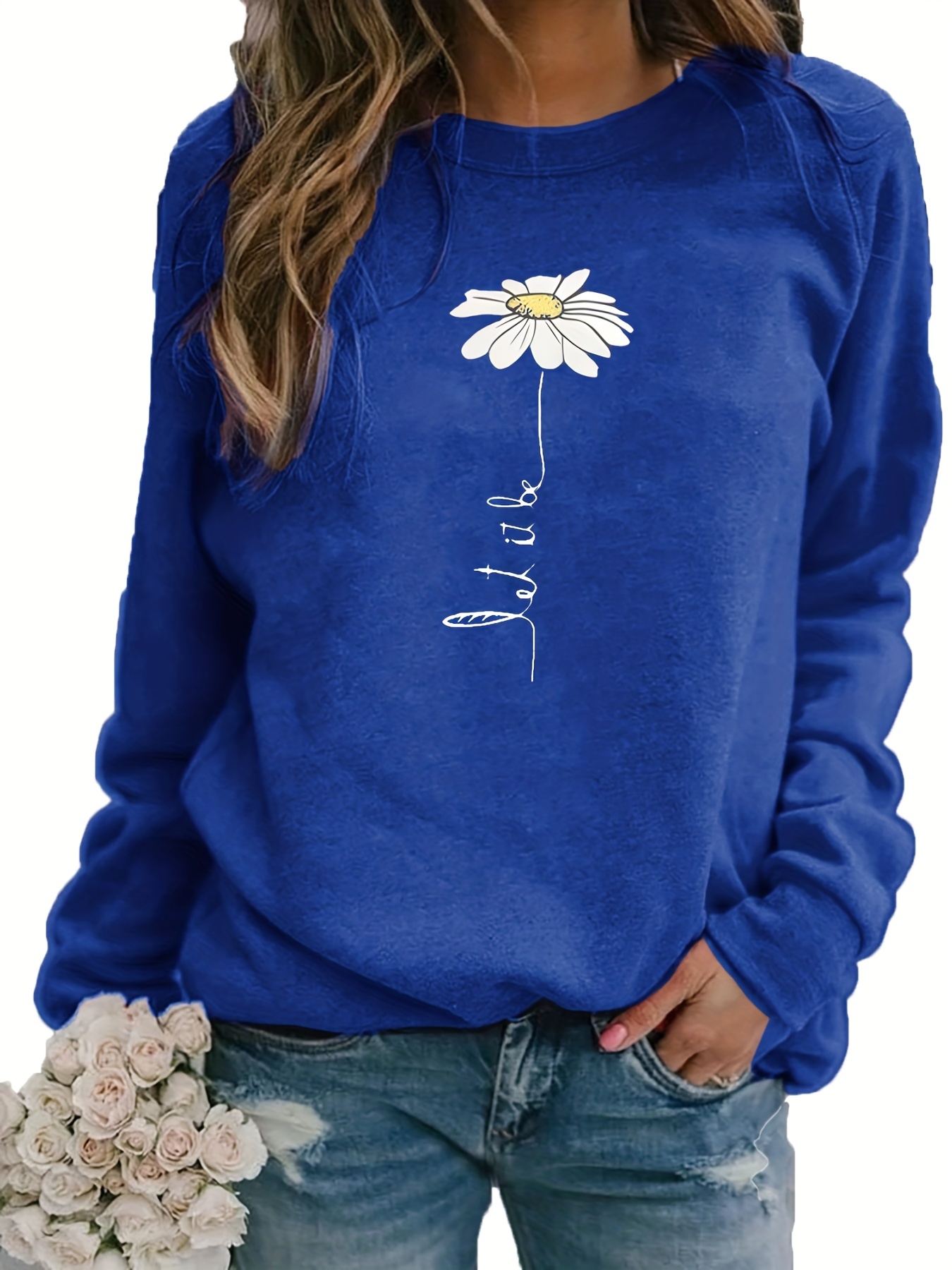 daisy print pullover sweatshirt casual long sleeve crew neck sweatshirt for fall winter womens clothing details 11