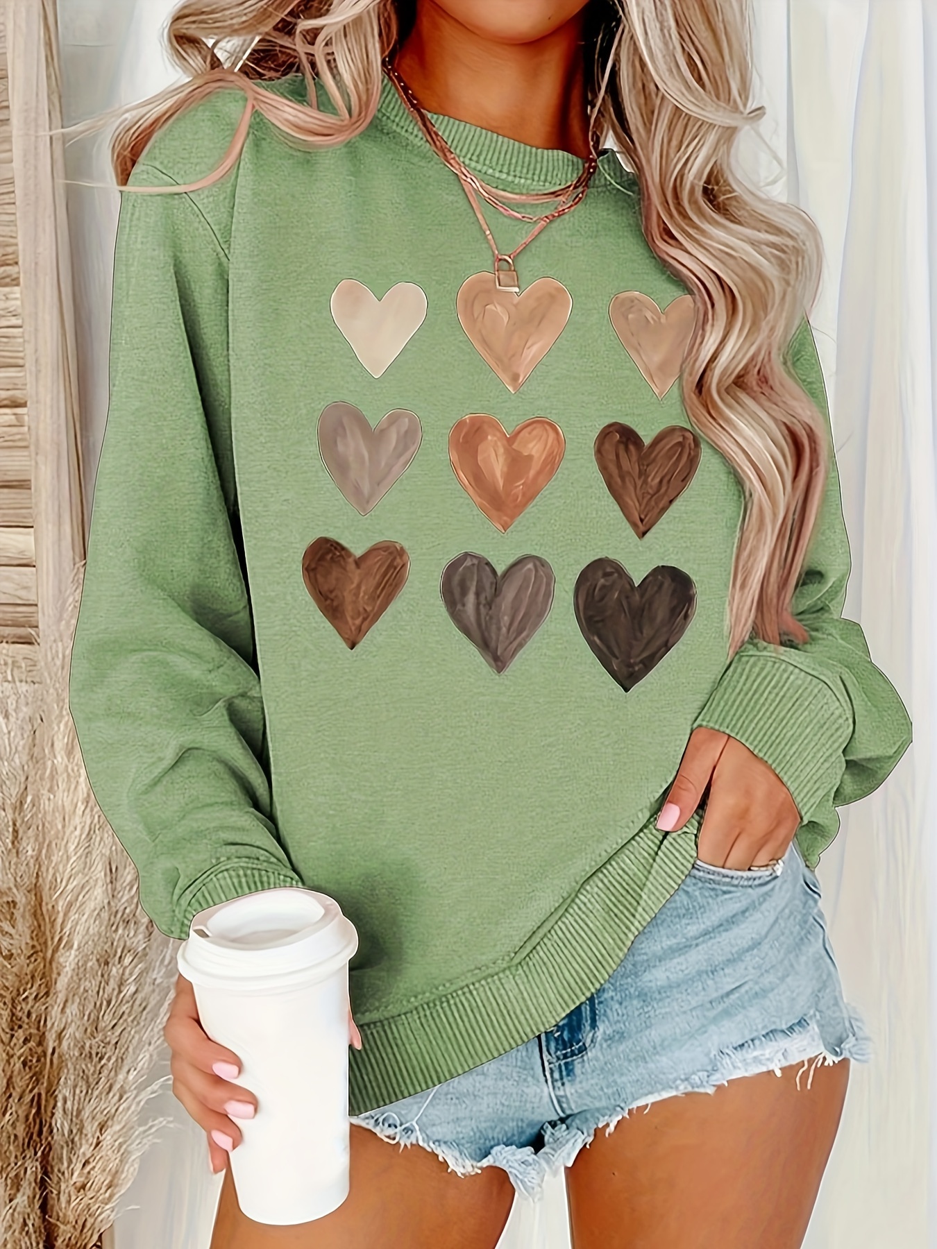 heart print crew neck sweatshirt casual long sleeve drop shoulder sweatshirt womens clothing details 0