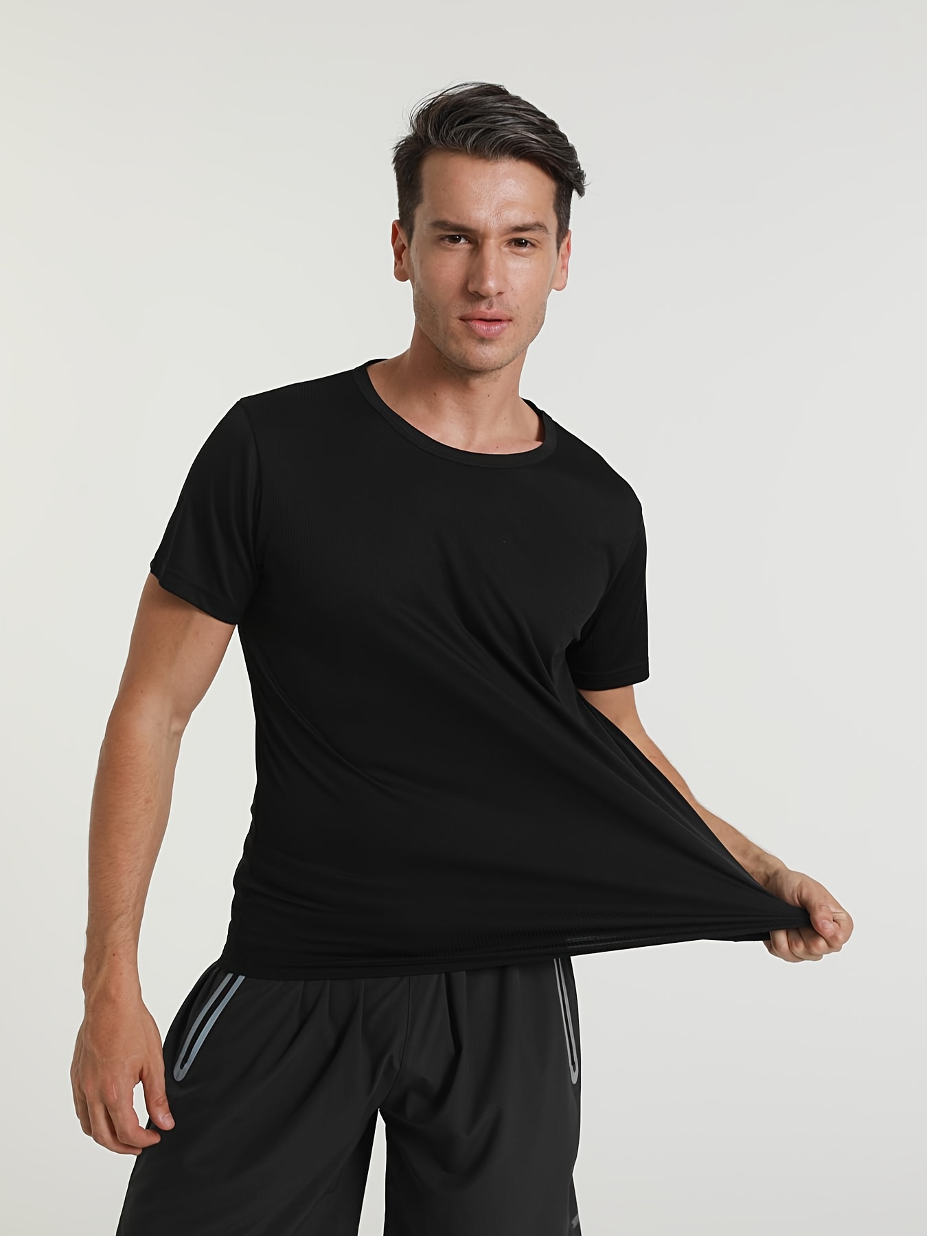 mens solid slightly stretch quick drying breathable short sleeve round neck comfy t shirt for gym fitness training details 14
