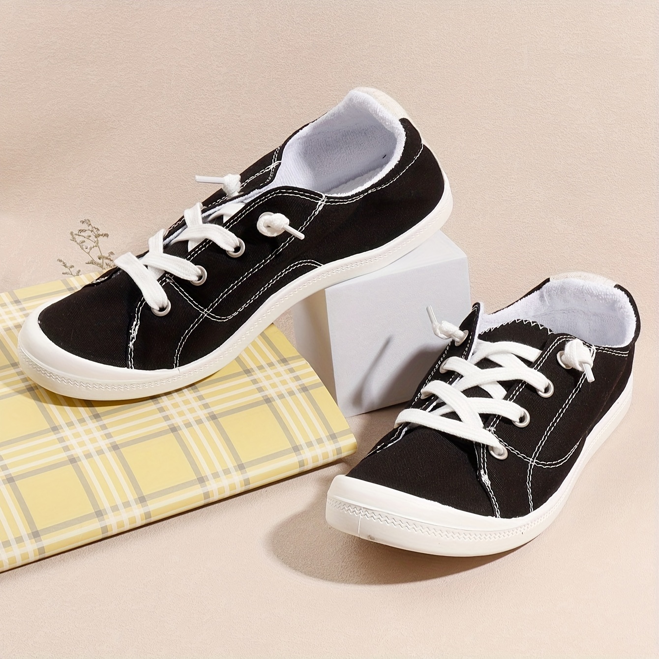 womens solid color canvas shoes casual lace up outdoor shoes lightweight low top white shoes details 8